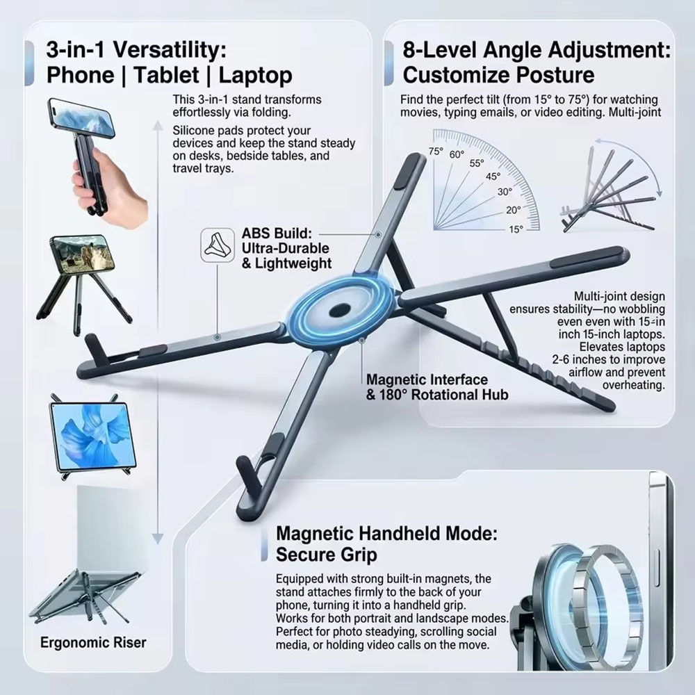 Laptop Stand Foldable - Taşınabilir Manyetik Telefon Tutucu ve Selfie